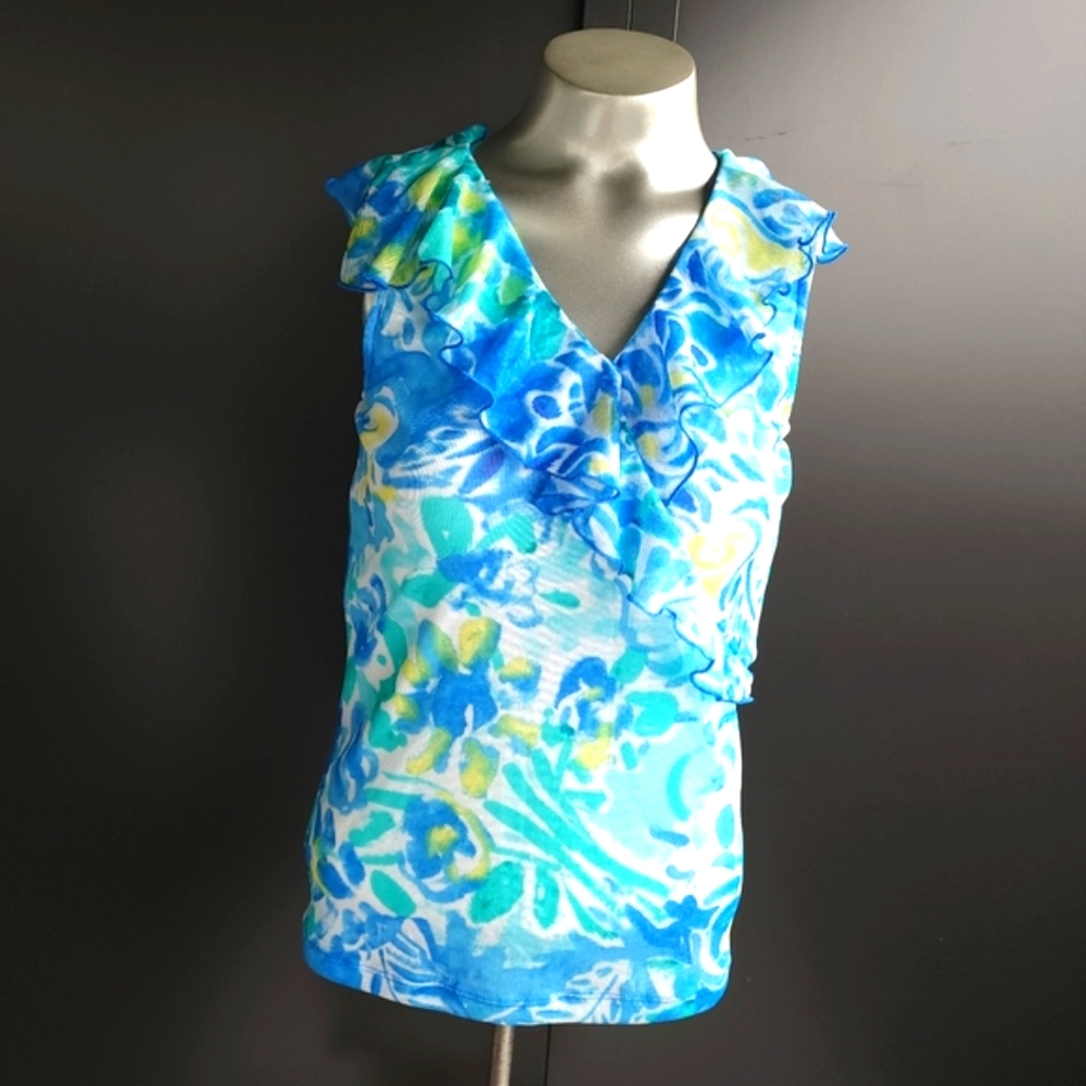 NWOT OCEANIC BLUES BOHEMIAN RUFFLED NECK SLEEVELESS BLOUSE BY CHAPS ~ SIZE SP